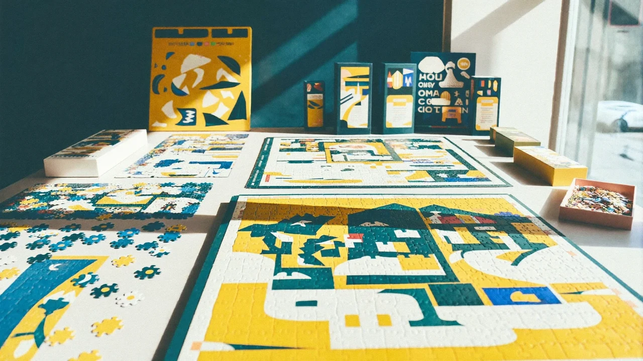 Illustrierte Kampagnenszene rund um Puzzles und Tischspiele am gedeckten Spieltisch