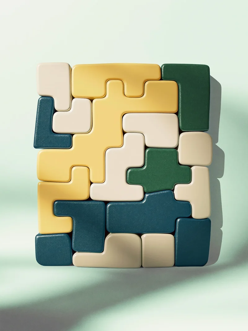 Illustration: Farbblock-Tischspiel ohne Beschriftung, fiktive Designstudie
